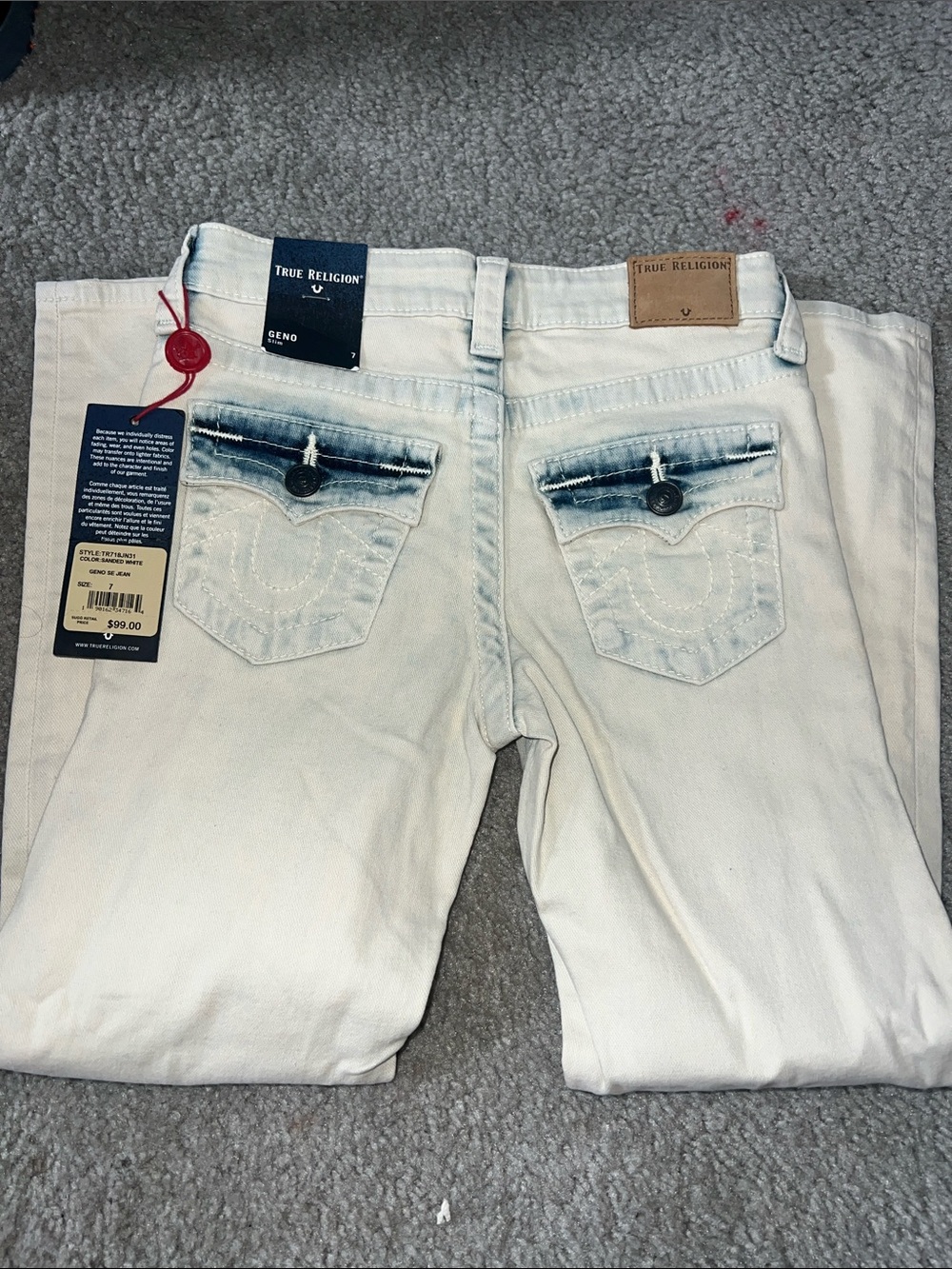 True Religion Men’s White Slim Straight Jeans with Blue-Accent Back Pockets